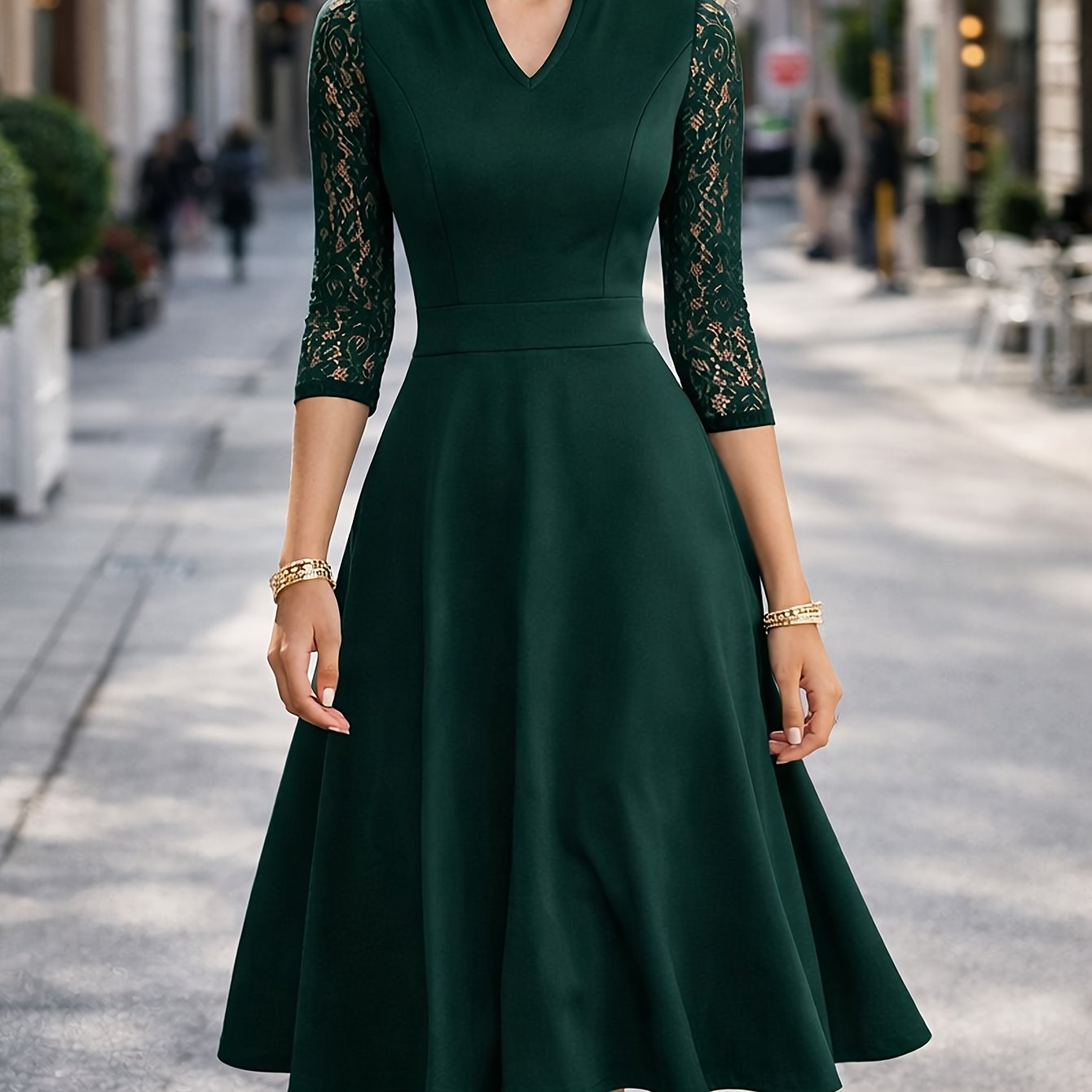 Elegant Lace Midi Dress for Women with V Neck Elbow Sleeve Fit and Flare Cocktail Style