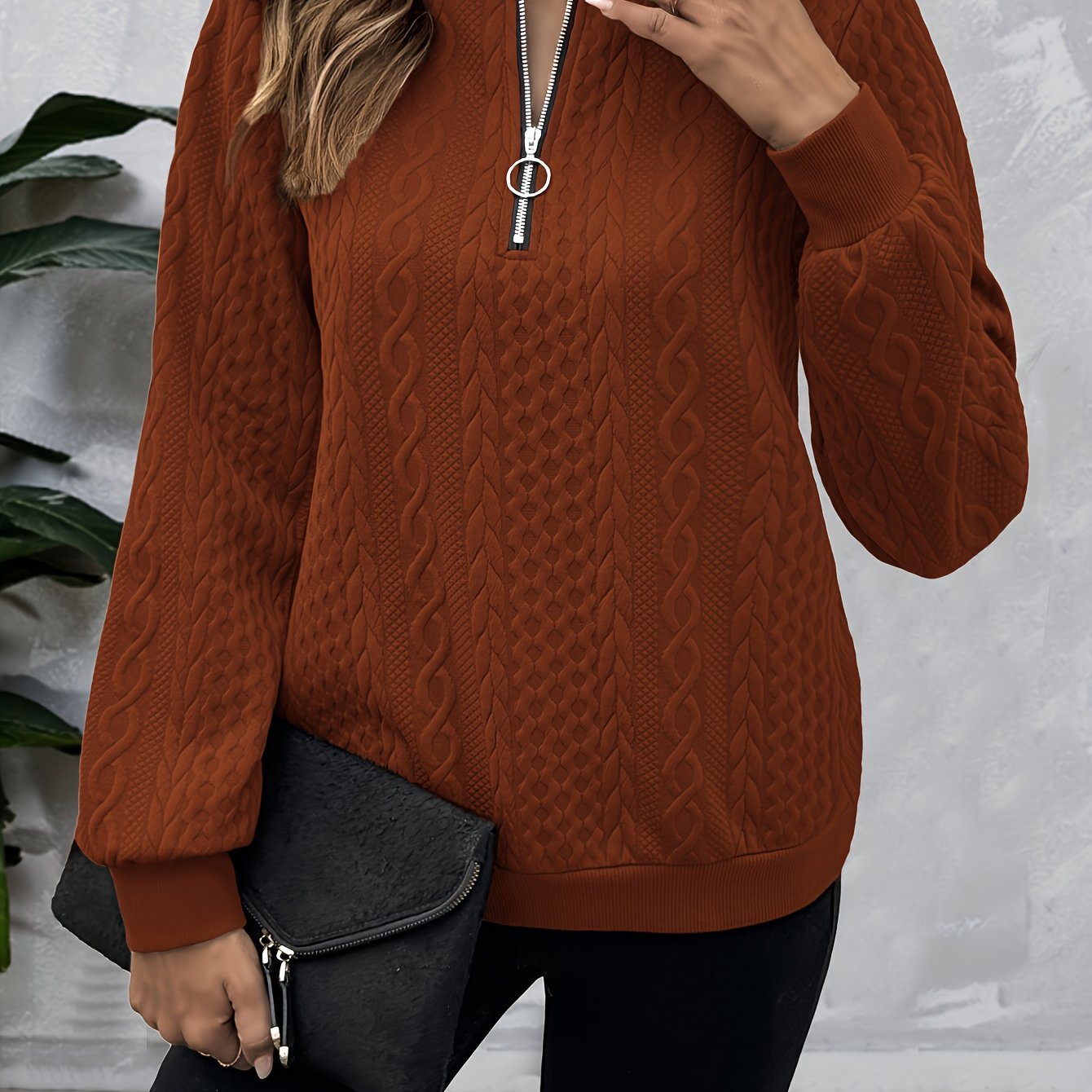 Comfortable Cable Knit Sweater for Women with Quarter Zip Mock Neck Long Sleeve Relaxed Casual Style