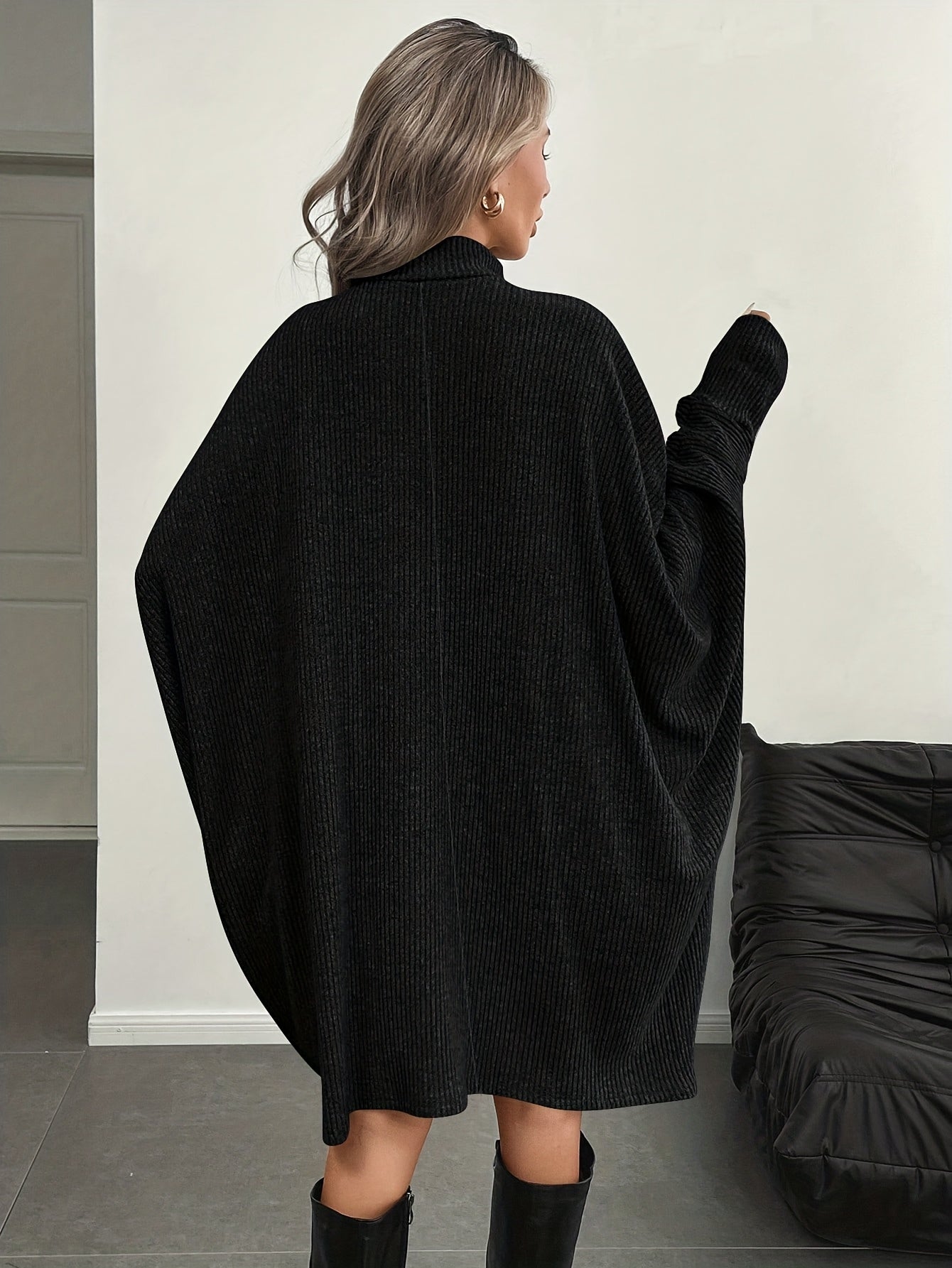 Comfortable Ribbed Knit Sweater Dress for Women with Mock Neck Batwing Sleeve Relaxed Oversized Knit Style