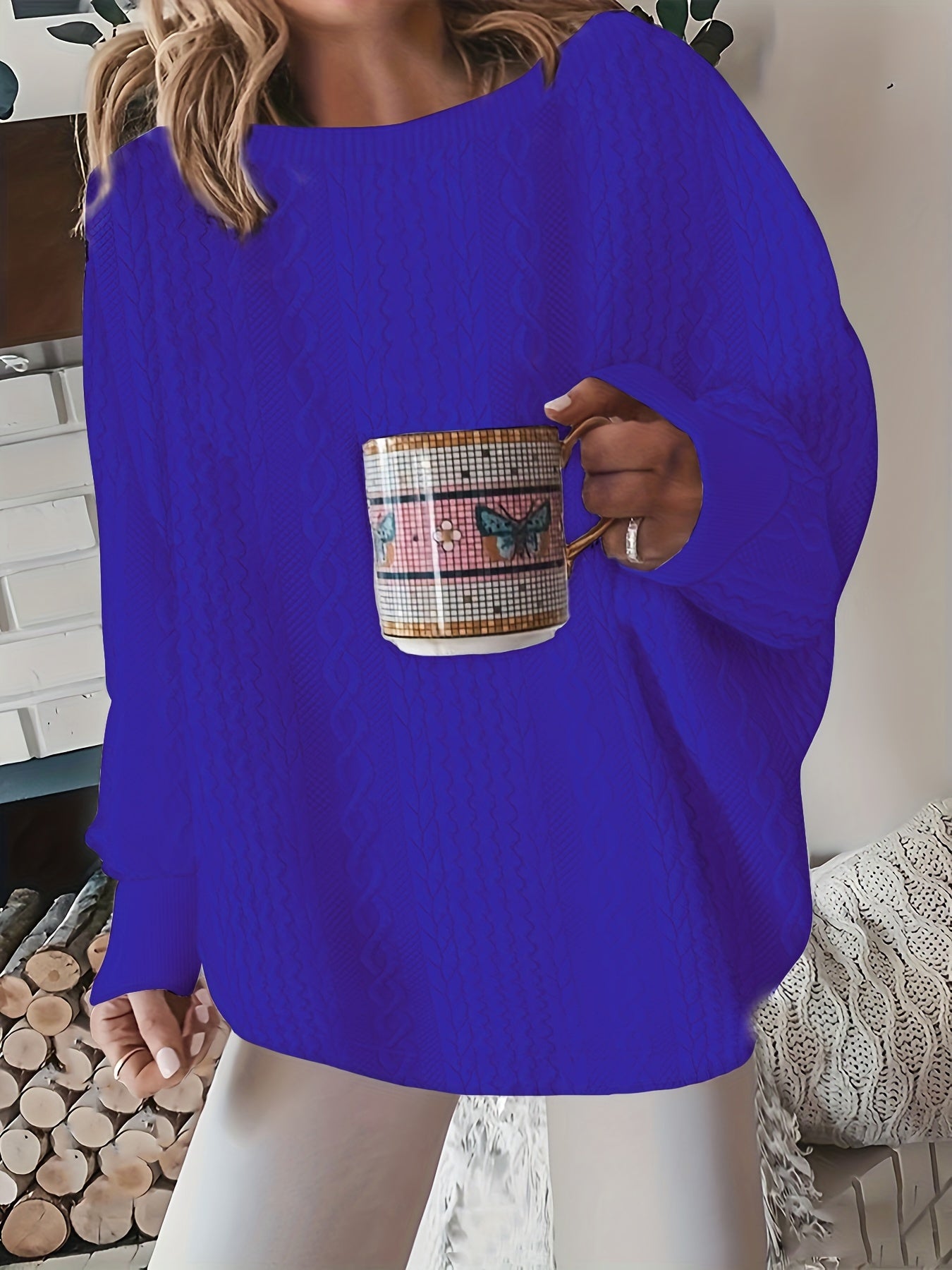 Comfortable Cable Knit Sweater for Women with Round Neck Long Sleeve Relaxed Oversized Knit Style