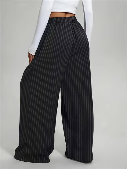 Elegant Black Pinstripe Wide Leg Pants for Women with High Waist Pleated Front Tailored Style
