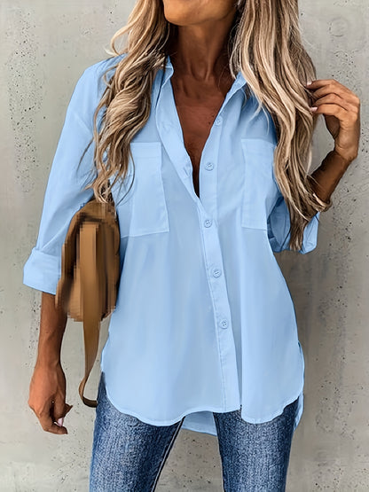 Effortless Button Front Blouse for Women with Collar V Neck Long Sleeve Relaxed Style