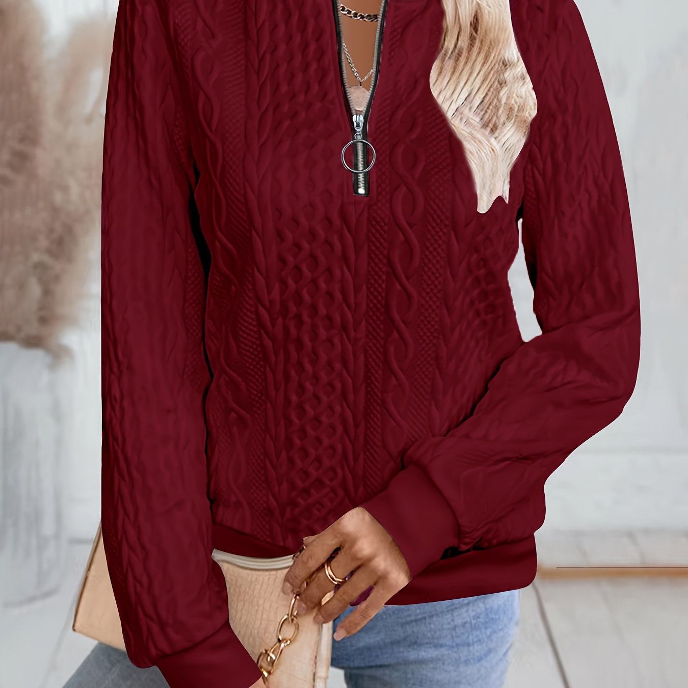 Comfortable Textured Sweater for Women with Zip Neck Long Sleeve Relaxed Oversized Knit Style