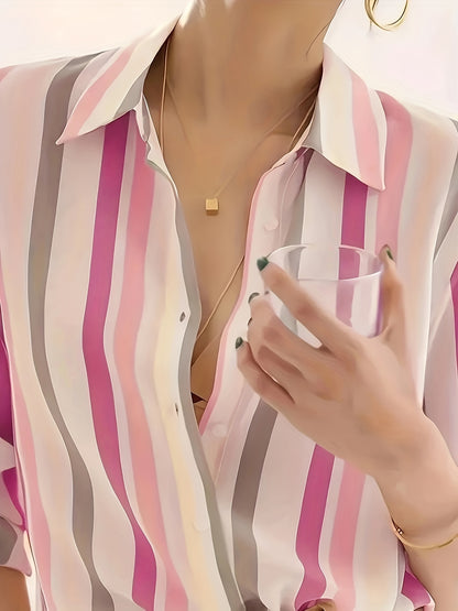 Effortless Striped Blouse for Women with Collar Long Sleeve Button Front Relaxed Style