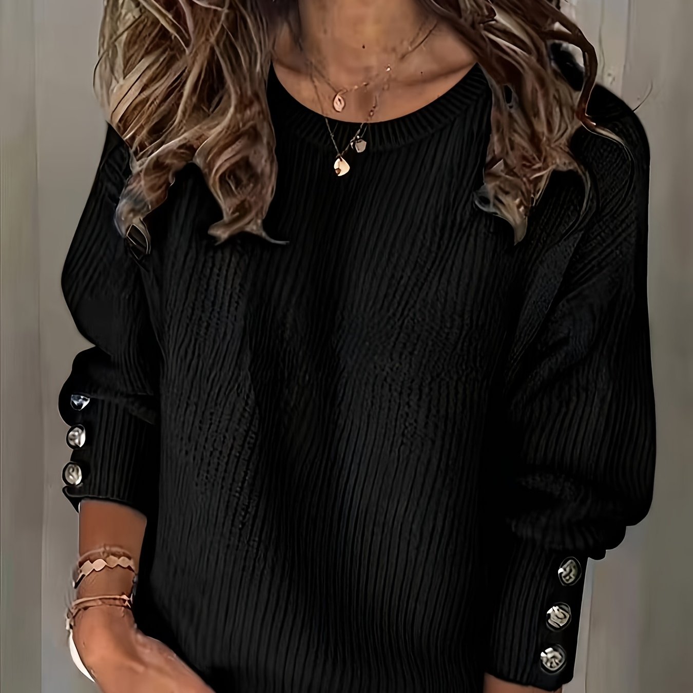 Comfortable Ribbed Knit Sweater for Women with Crew Neck Long Sleeve Button Cuff Relaxed Oversized Style