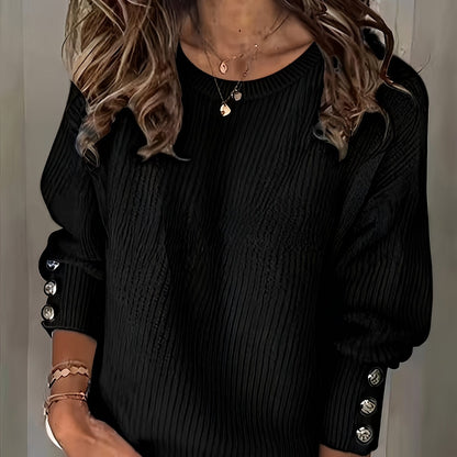 Comfortable Ribbed Knit Sweater for Women with Crew Neck Long Sleeve Button Cuff Relaxed Oversized Style