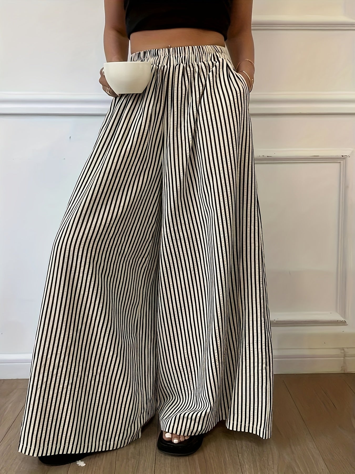Effortless Apricot Striped Wide Leg Pants for Women with High Waist Flowing Palazzo Casual Style