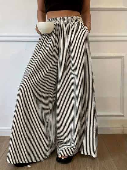 Effortless Apricot Striped Wide Leg Pants for Women with High Waist Flowing Palazzo Casual Style