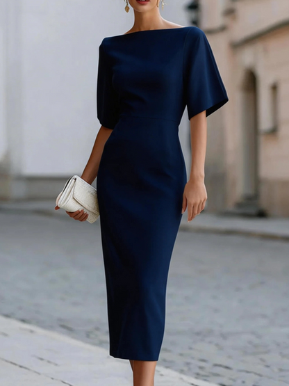 Elegant Sheath Midi Dress for Women with Boat Neck Flutter Sleeve Bodycon Cocktail Style