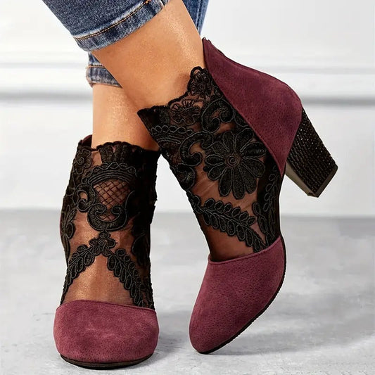 Elegant Ankle Boots for Women with Floral Lace Panel Block Heel Pointed Toe Style