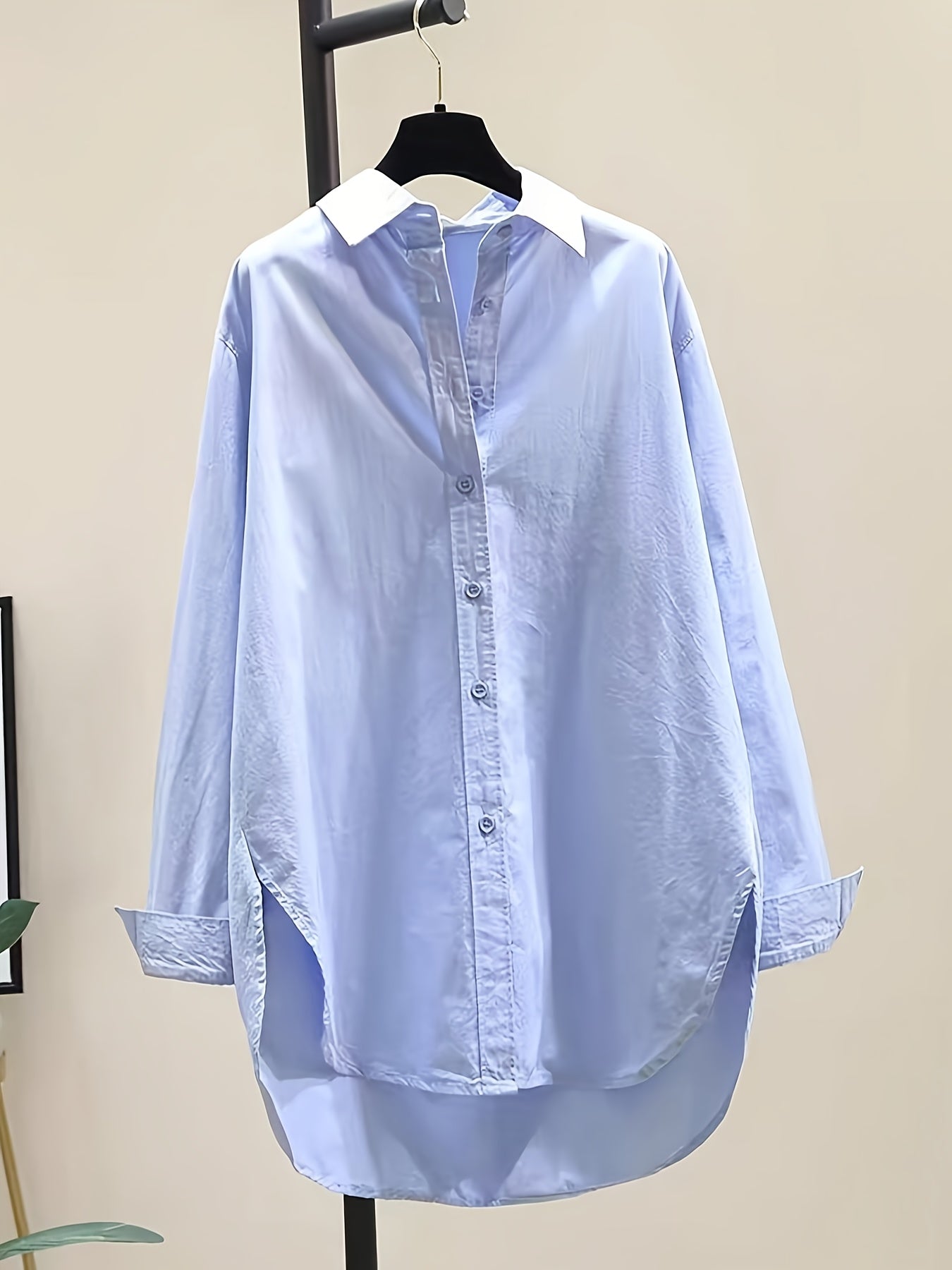 Effortless Oversized Blouse for Women with Point Collar Long Sleeve High Low Curved Hem Relaxed Style