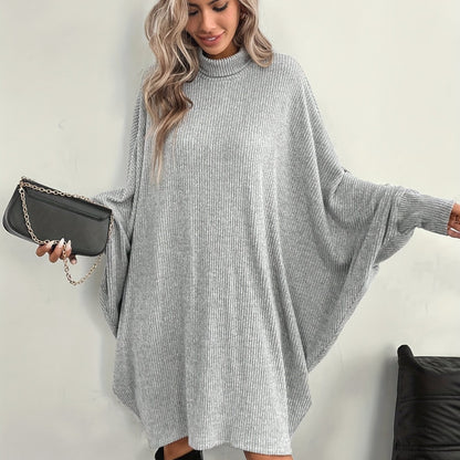 Comfortable Ribbed Knit Sweater Dress for Women with Mock Neck Batwing Sleeve Relaxed Oversized Knit Style