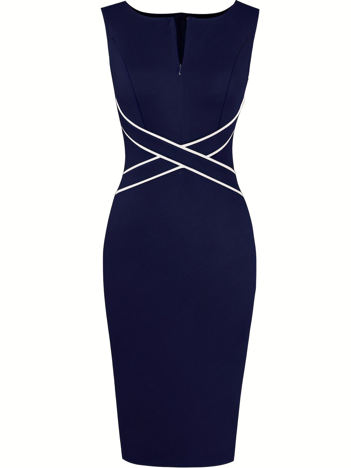 Elegant Contrast Trim Sheath Midi Dress for Women with Notch Neck Sleeveless Crisscross Waist Cocktail Style