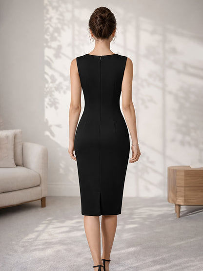 Elegant Contrast Trim Sheath Midi Dress for Women with Notch Neck Sleeveless Crisscross Waist Cocktail Style