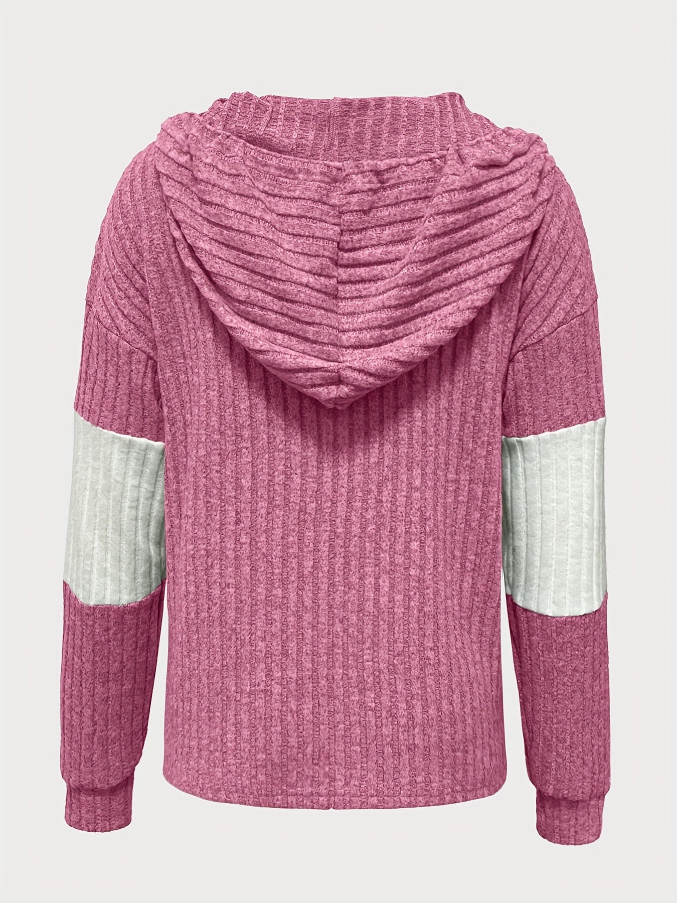 Comfortable Green Ribbed Knit Hoodie for Women with V Neck Long Sleeve Button Placket Relaxed Style
