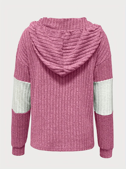 Comfortable Green Ribbed Knit Hoodie for Women with V Neck Long Sleeve Button Placket Relaxed Style