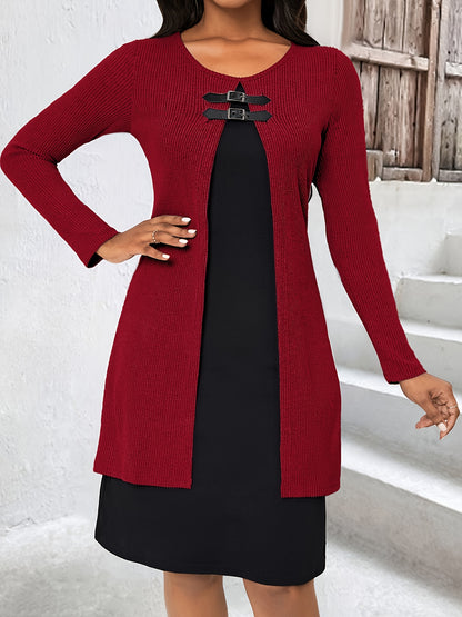 Elegant Ribbed Knit Two Tone Midi Dress for Women with Round Neck Long Sleeve Buckle Detail Layered Style