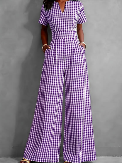 Effortless Gingham Wide Leg Jumpsuit for Women with V Neck Short Sleeve Pleated Pocket Casual Style