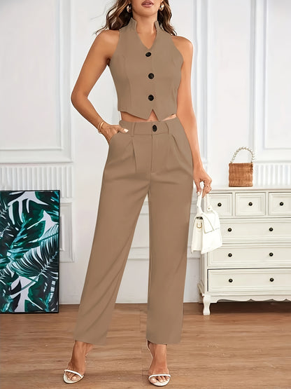 Elegant Tailored Two Piece Set for Women with V Neck Button Front Vest Wide Leg Pant Formal Style