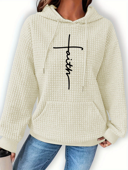 Comfortable Waffle Knit Graphic Hoodie for Women with Drawstring Long Sleeve Kangaroo Pocket Oversized Style