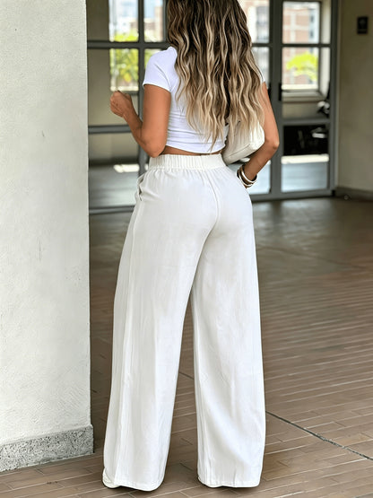 Effortless Wide Leg Trousers for Women with High Waist Pleated Front Button Tab Relaxed Style