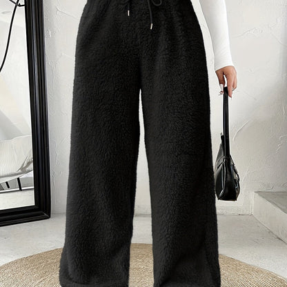 Effortless Fuzzy Fleece Wide Leg Pants for Women with High Waist Drawstring Relaxed Cozy Style