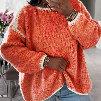 Comfortable Contrast Trim Sweater for Women with Crew Neck Long Sleeve Relaxed Oversized Knit Style