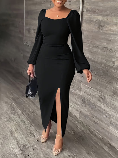 Elegant Bodycon Midi Dress for Women with Square Neck Long Puff Sleeve Side Slit Cocktail Style