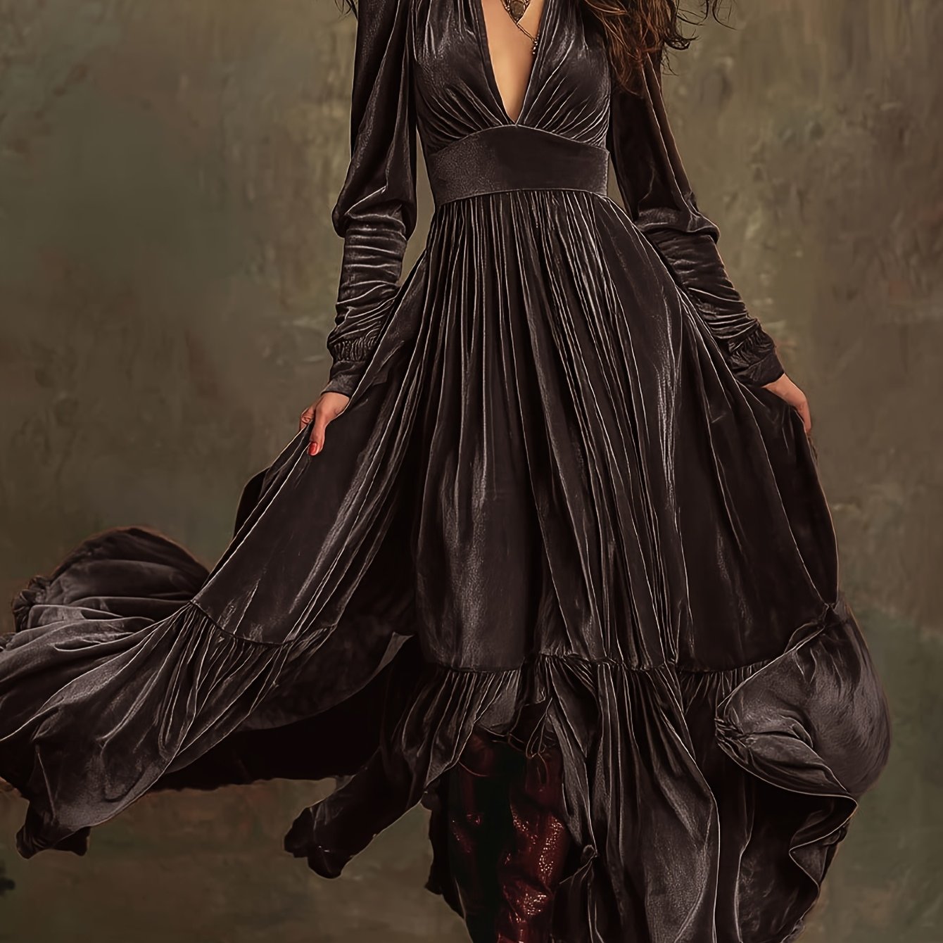 Elegant Velvet Maxi Dress for Women with Plunging V Neck Long Sleeve Tiered Ruffle Flowing Style
