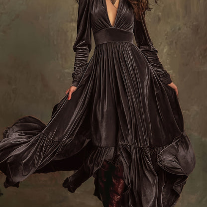 Elegant Velvet Maxi Dress for Women with Plunging V Neck Long Sleeve Tiered Ruffle Flowing Style