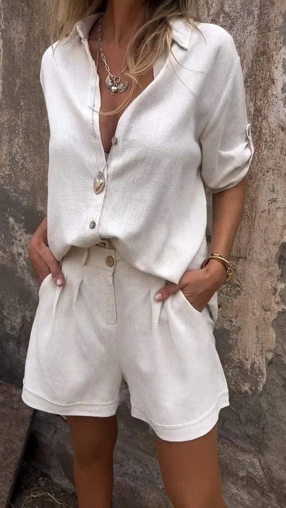 Effortless Linen Two Piece Set for Women with Collar Elbow Sleeve Button Front Relaxed Style