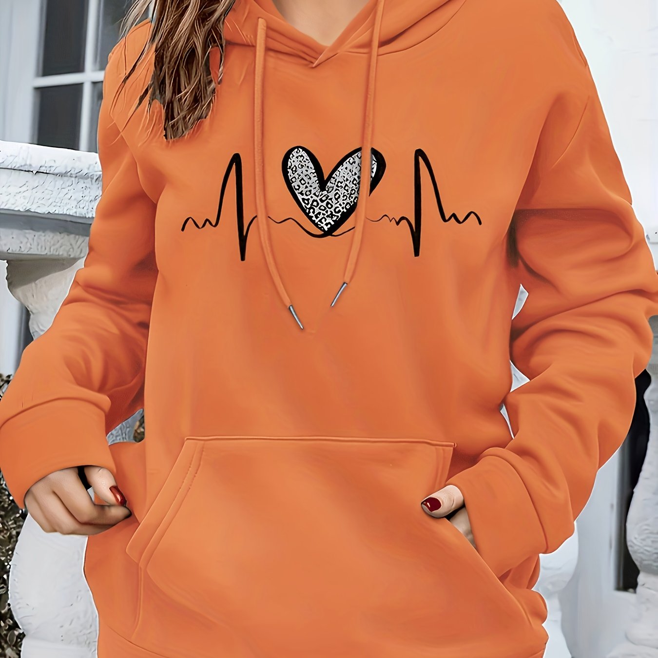 Effortless Heartbeat Print Hoodie for Women with Drawstring Long Sleeve Kangaroo Pocket Relaxed Style