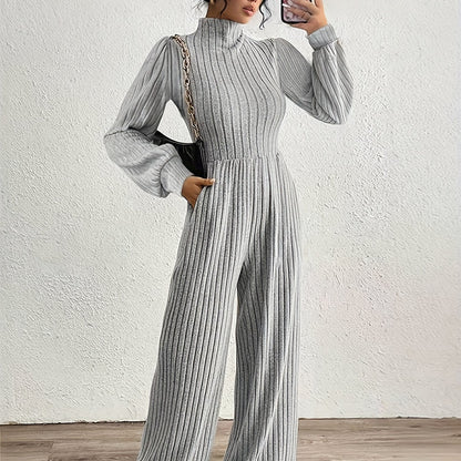 Elegant Ribbed Knit Jumpsuit for Women with Mock Neck Long Sleeve Wide Leg Casual Style