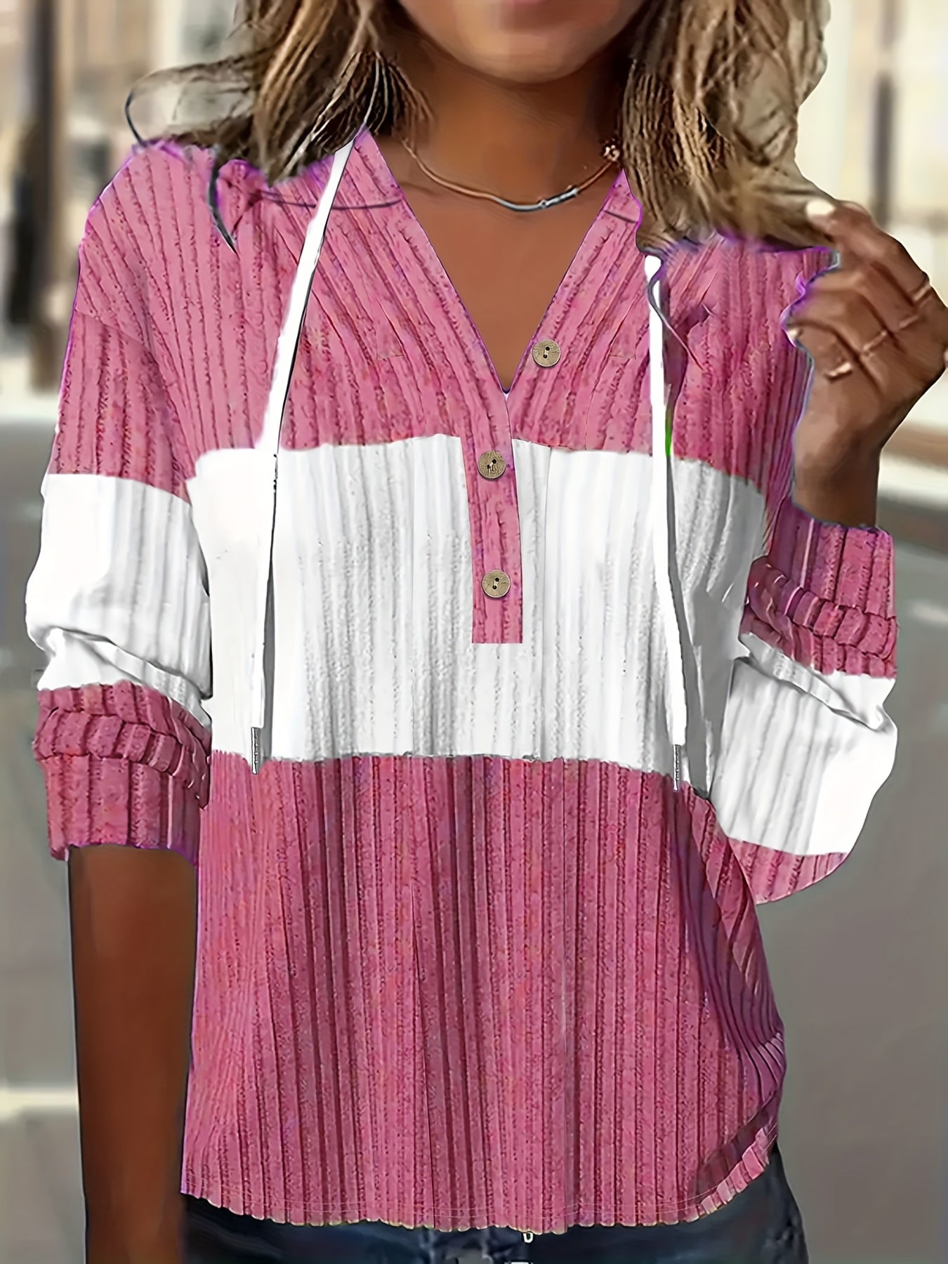 Comfortable Green Ribbed Knit Hoodie for Women with V Neck Long Sleeve Button Placket Relaxed Style