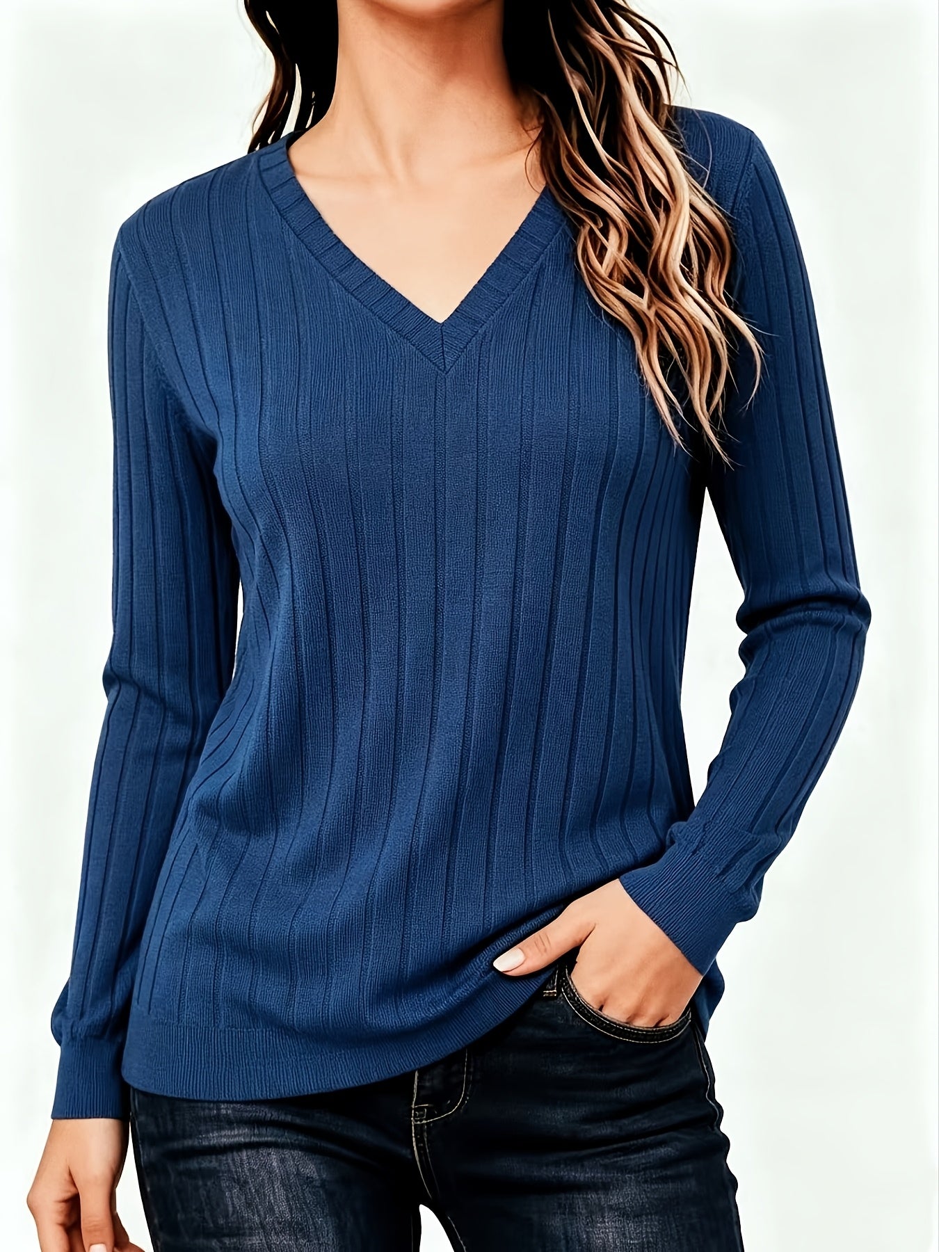 Comfortable Ribbed Knit Sweater for Women with V Neck Long Sleeve Relaxed Oversized Casual Style