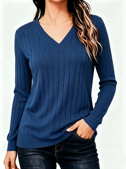 Comfortable Ribbed Knit Sweater for Women with V Neck Long Sleeve Relaxed Oversized Casual Style