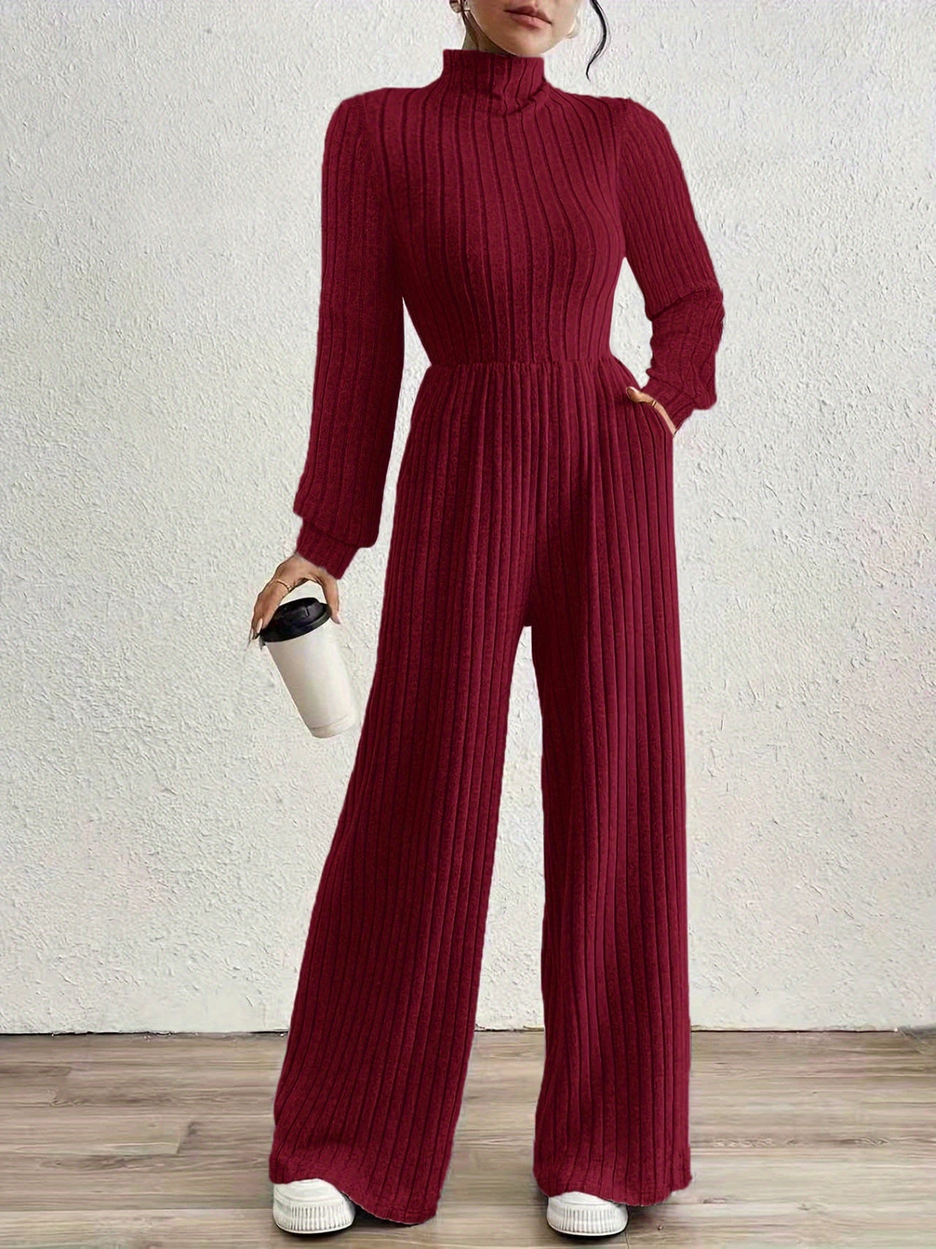 Elegant Ribbed Knit Jumpsuit for Women with Mock Neck Long Sleeve Wide Leg Casual Style