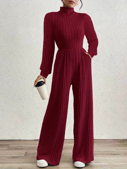 Elegant Ribbed Knit Jumpsuit for Women with Mock Neck Long Sleeve Wide Leg Casual Style