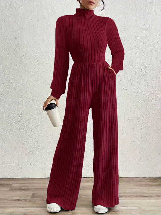 Elegant Ribbed Knit Jumpsuit for Women with Mock Neck Long Sleeve Wide Leg Casual Style