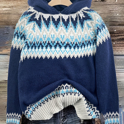Comfortable Fair Isle Print Sweater for Women with Hooded Long Sleeve Relaxed Oversized Knit Style