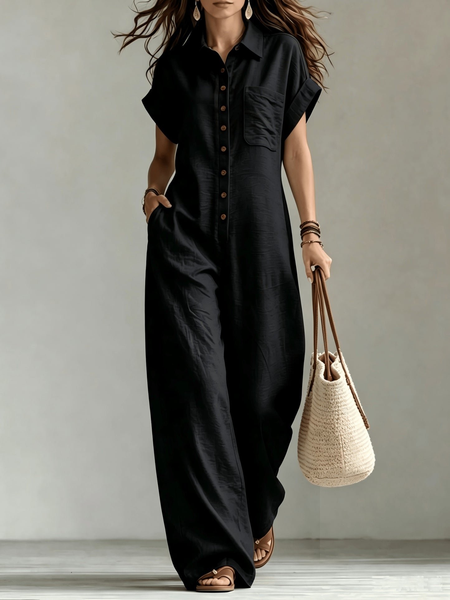 Effortless Linen Wide Leg Jumpsuit for Women with Collar Short Sleeve Button Front Relaxed Style
