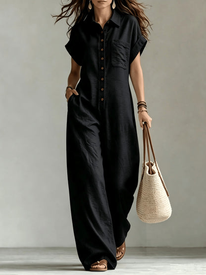 Effortless Linen Wide Leg Jumpsuit for Women with Collar Short Sleeve Button Front Relaxed Style