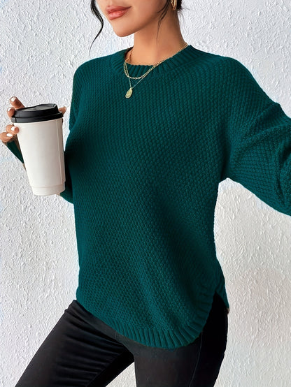 Comfortable Waffle Knit Sweater for Women with Crew Neck Long Sleeve Relaxed Oversized Casual Style