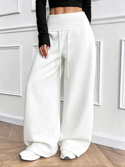 Effortless Fleece Wide Leg Pants for Women with High Waist Drawstring Relaxed Flowing Casual Style