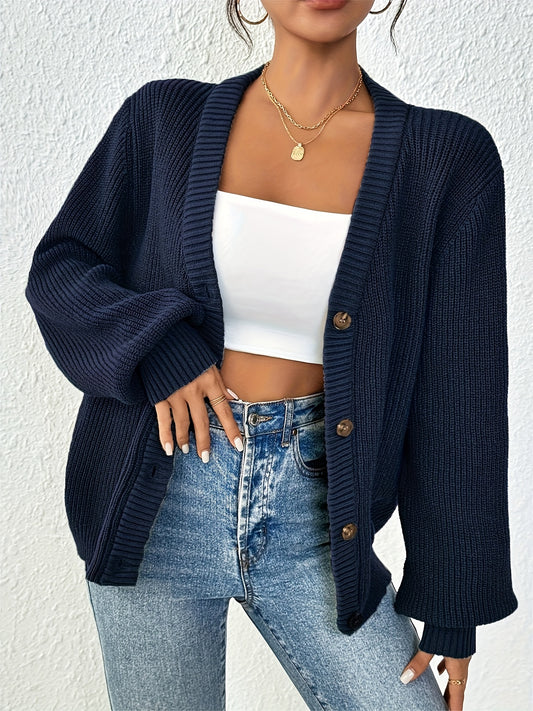 Comfortable Ribbed Knit Cardigan for Women with V Neck Balloon Sleeve Button Front Oversized Style