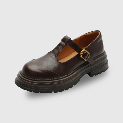 Stylish Leather Mary Jane Shoes for Women with T Strap Buckle Chunky Platform Style