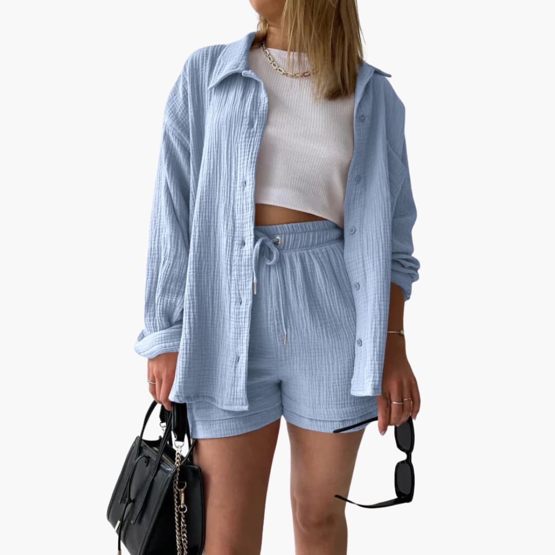 Effortless Cotton Gauze Two Piece Set for Women with Collared Button Front Long Sleeve Drawstring Shorts Relaxed Style