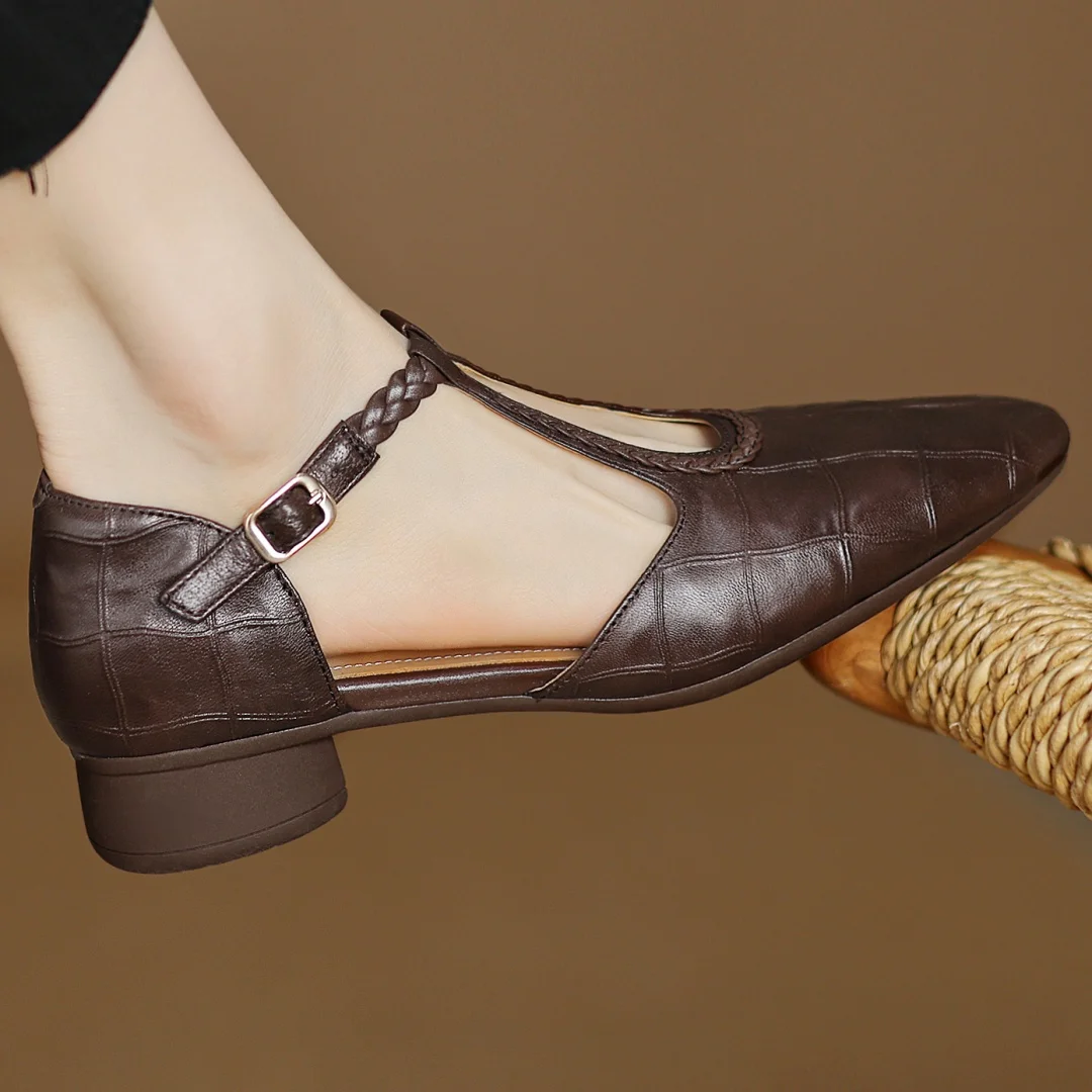 Elegant Croc Embossed T-Strap Flats for Women with Braided Strap Pointed Toe Block Heel Style
