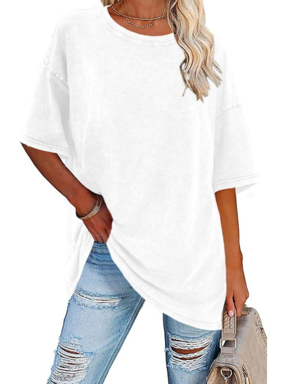 Comfortable Washed Cotton Tunic Top for Women with Crew Neck Short Sleeve Curved Hem Oversized Casual Style