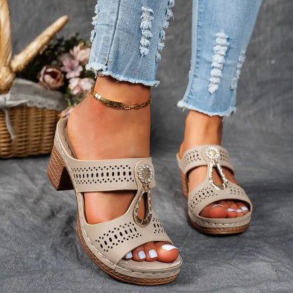 Comfortable Mules Heels for Women with Metal Ring Detail Block Heel Open Toe Slip On Style